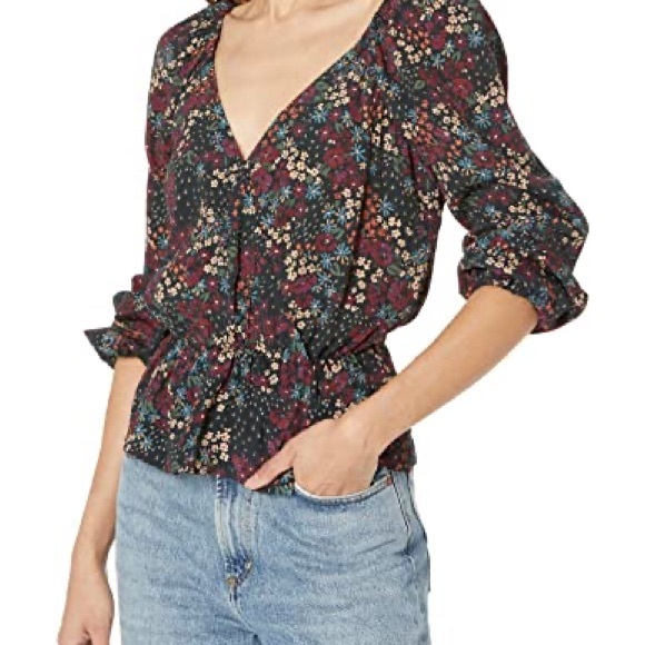 PAIGE Floral Faux Wrap Peplum Blouse Sweetheart Neck Size Large - Picture 2 of 13